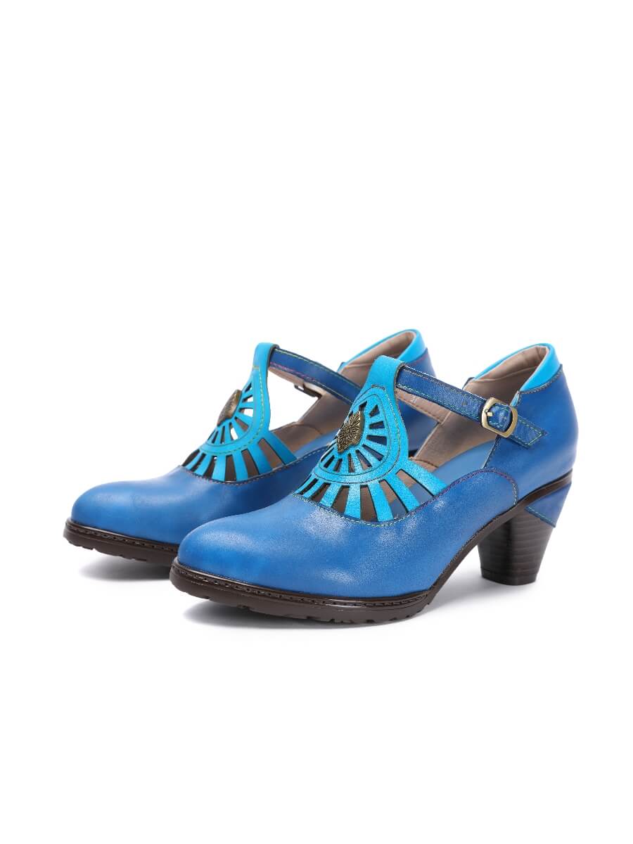 SOFFIA | Turquoise Genuine Leather Cut Out Vintage Mary Jane Heeled Pumps