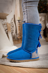 SMAIBULUN Ugg | Rhinestone Ribbon Tri-Tie Bow Suede Boots - Blue