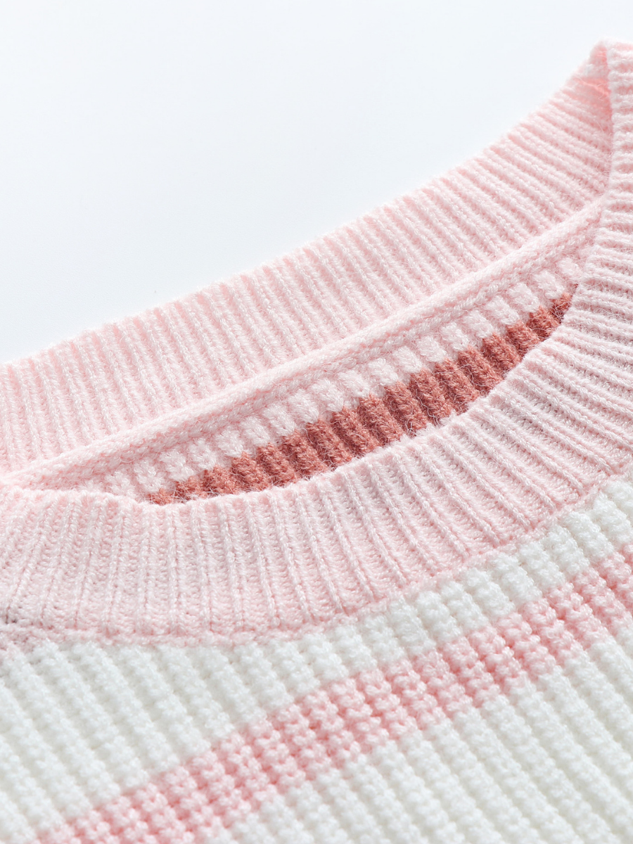 Smaibulun | Pink Blue Orange Stripe Crew Neck Knit Top