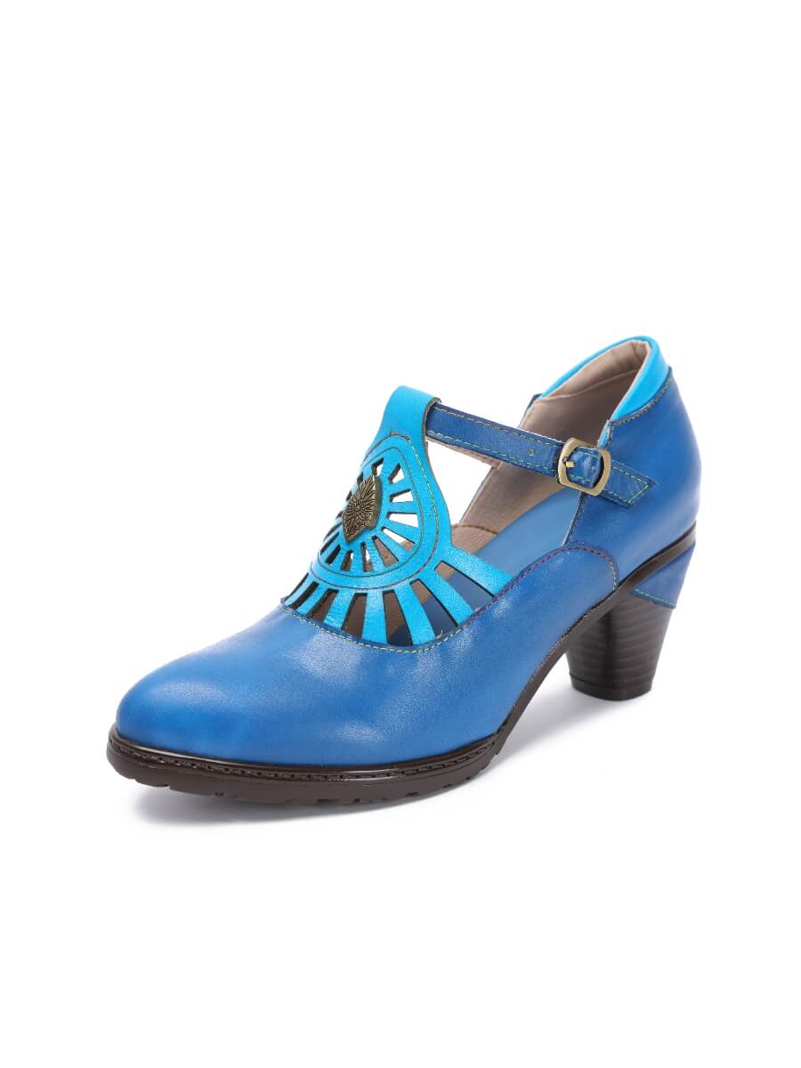 SOFFIA | Turquoise Genuine Leather Cut Out Vintage Mary Jane Heeled Pumps