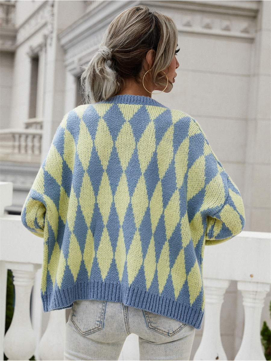 Smaibulun Doll | FELISE Chess Patterned Knit Cardigan - Blue