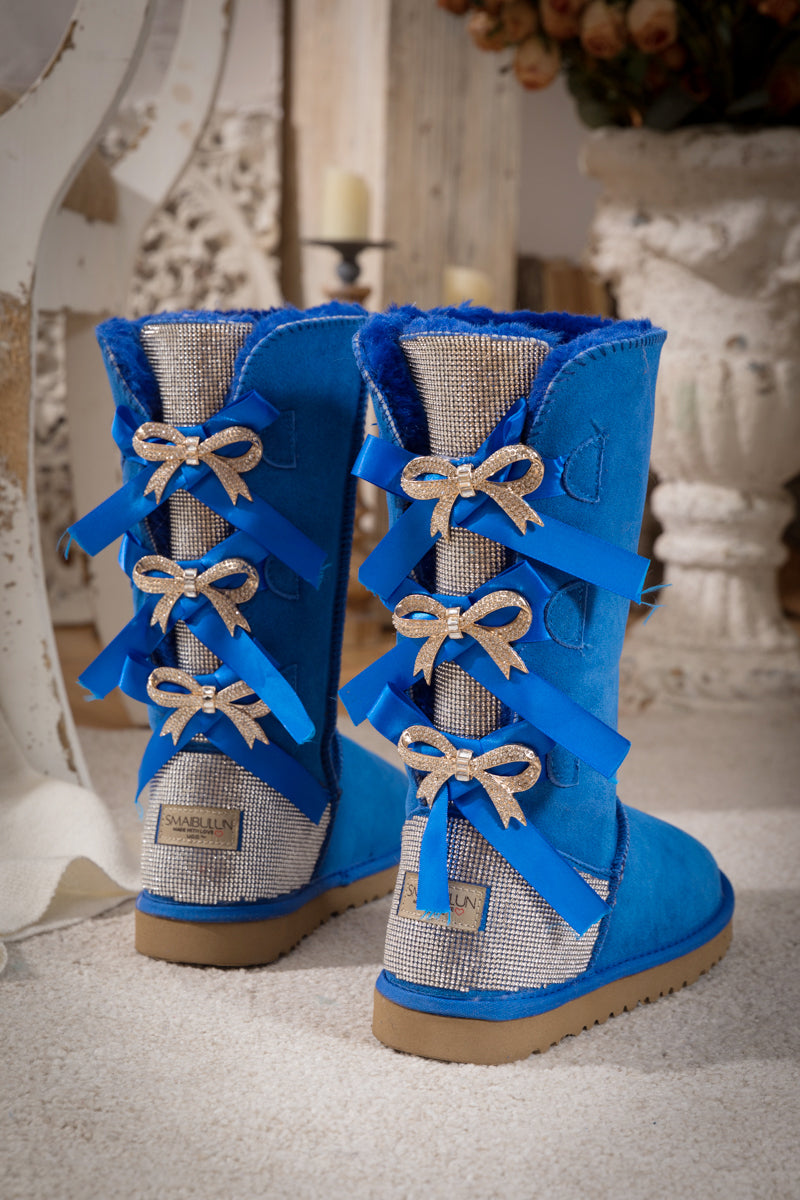 SMAIBULUN Ugg | Rhinestone Ribbon Tri-Tie Bow Suede Boots - Blue