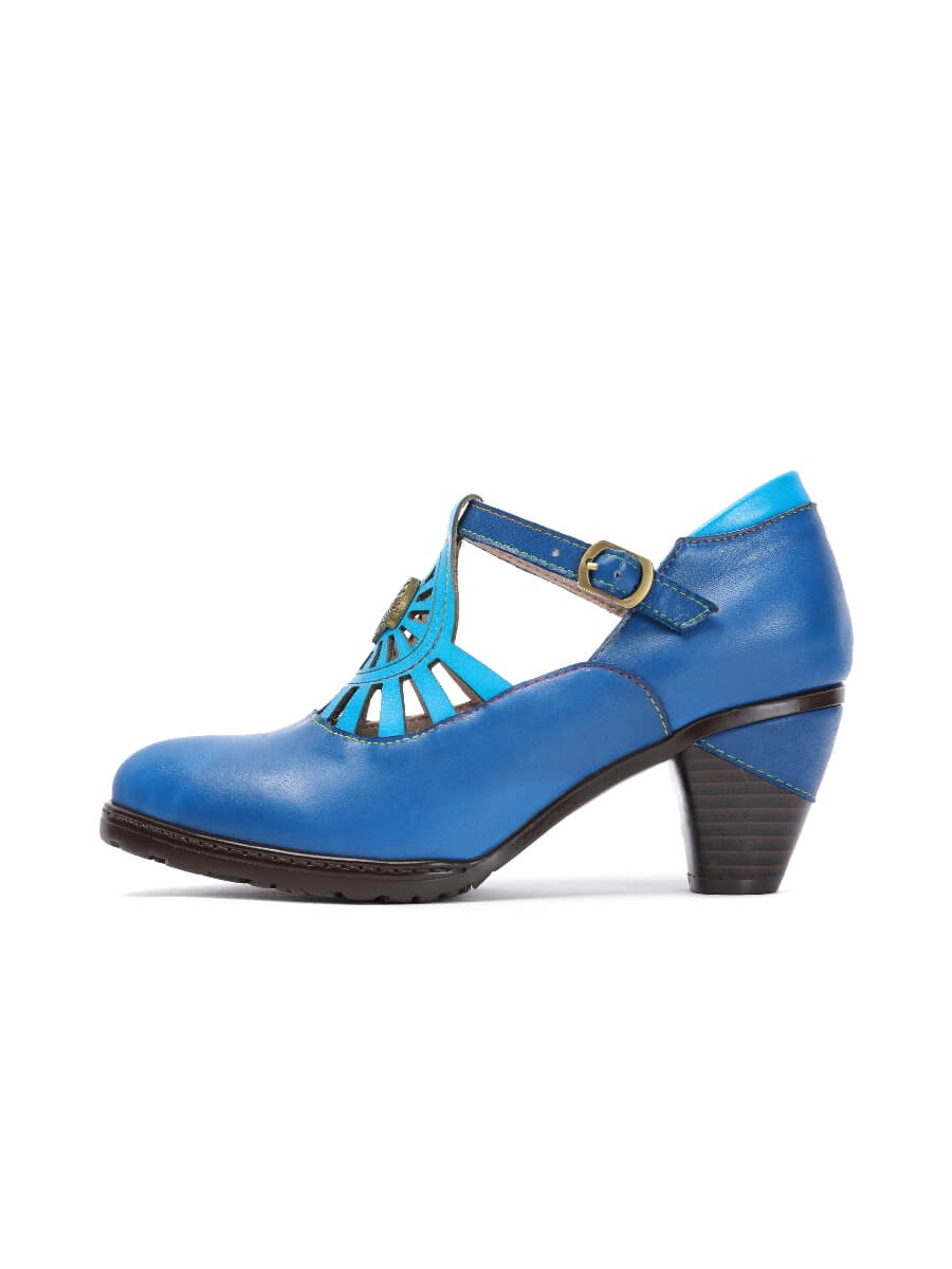 SOFFIA | Turquoise Genuine Leather Cut Out Vintage Mary Jane Heeled Pumps