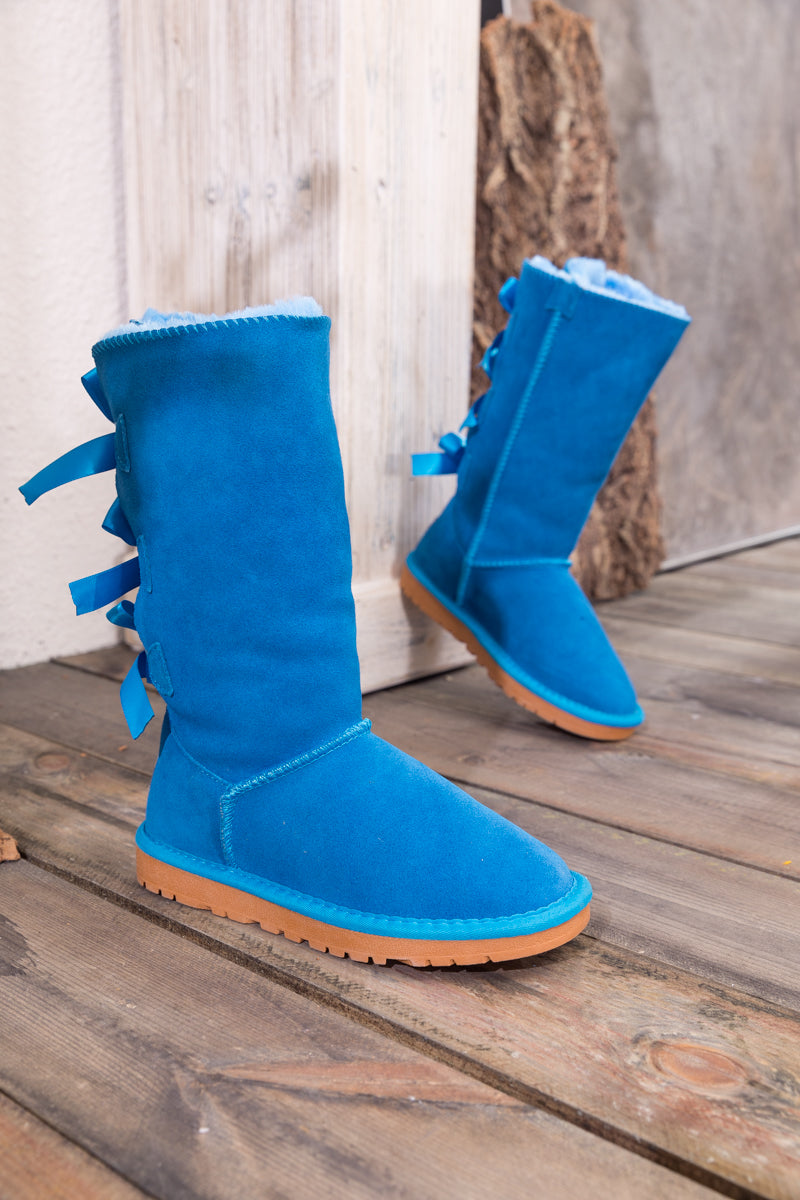 SMAIBULUN Ugg | Tri Ribbon Bow Suede Boots - Blue