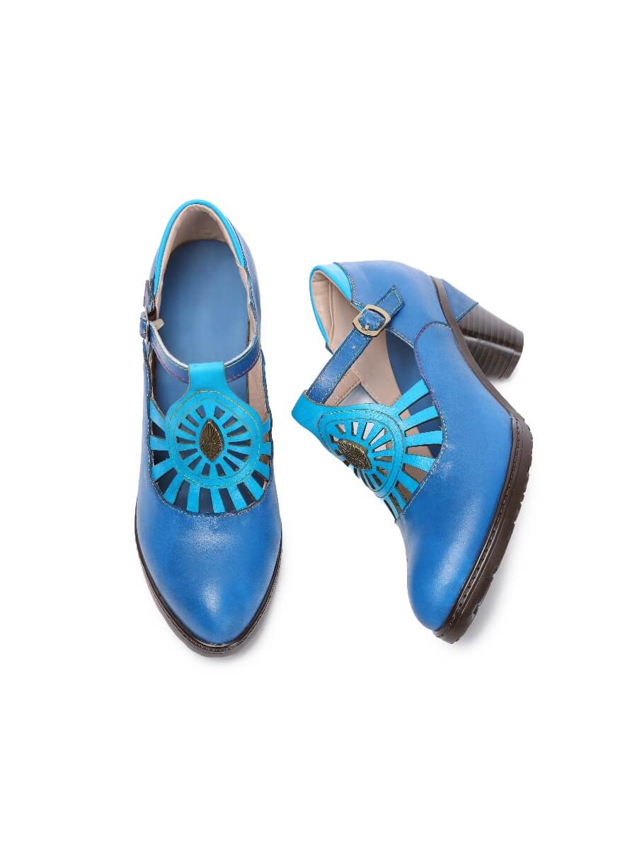 SOFFIA | Turquoise Genuine Leather Cut Out Vintage Mary Jane Heeled Pumps