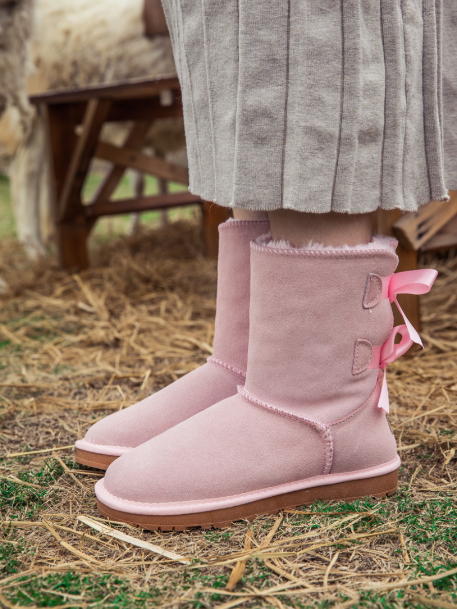 SMAIBULUN Ugg | DOUBLE RIBBON BOW SUEDE BOOT - Pink