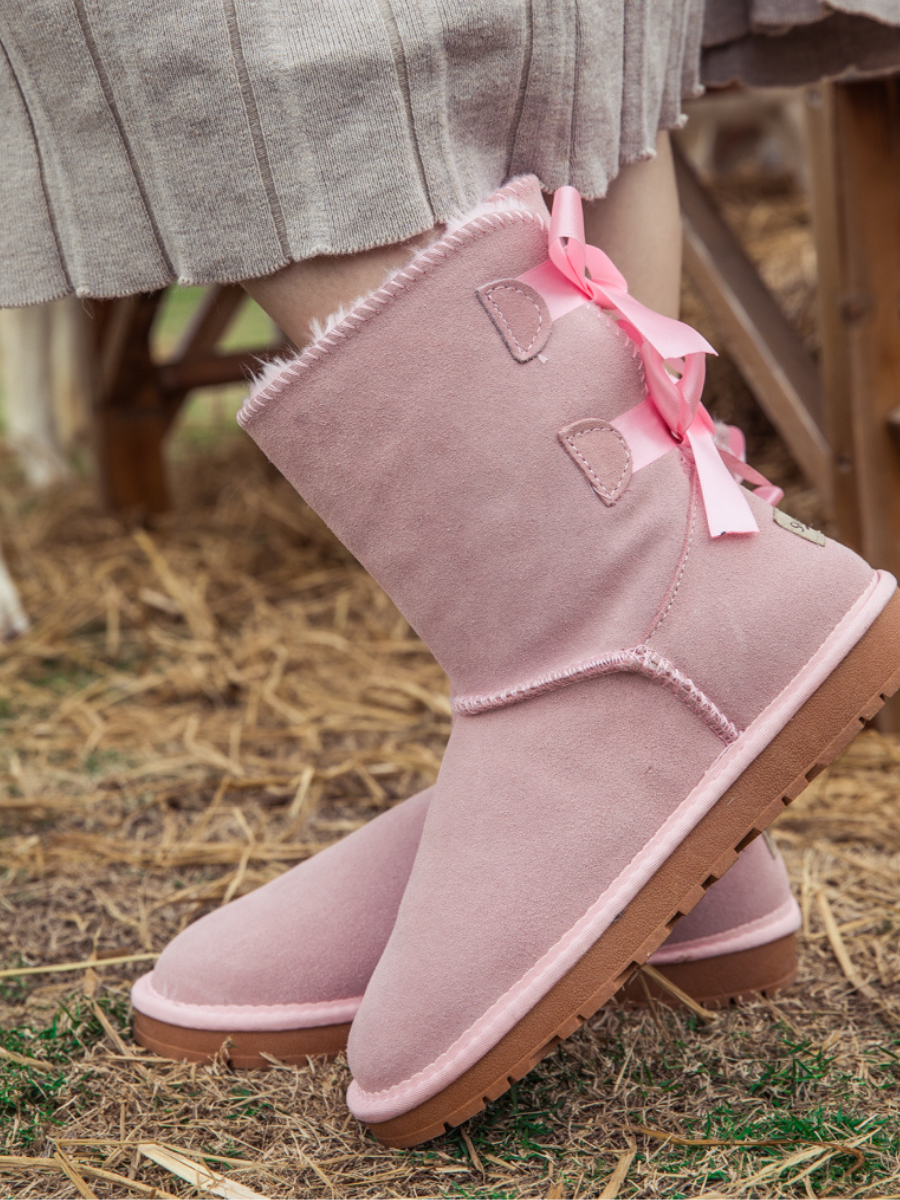 SMAIBULUN Ugg | DOUBLE RIBBON BOW SUEDE BOOT - Pink