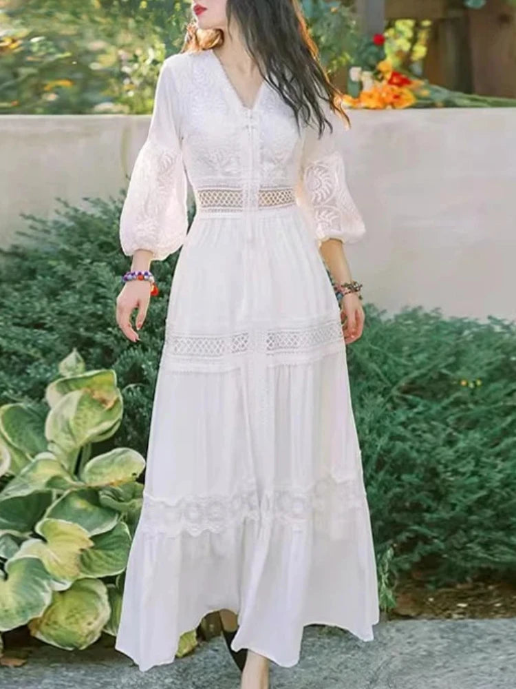 Bohemian White Beach Dress Women Elegant Party Dresses Spring Auutm V-neck Sexy Hollow Out High Waist Long Robe Vestidos