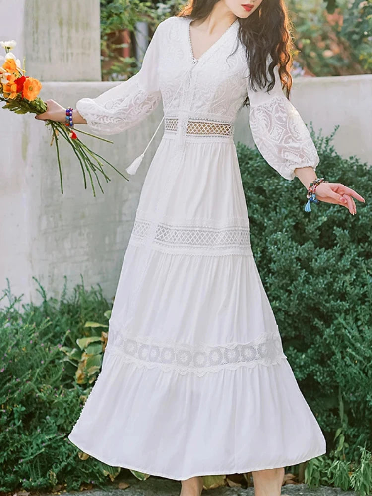 Bohemian White Beach Dress Women Elegant Party Dresses Spring Auutm V-neck Sexy Hollow Out High Waist Long Robe Vestidos