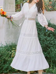 Bohemian White Beach Dress Women Elegant Party Dresses Spring Auutm V-neck Sexy Hollow Out High Waist Long Robe Vestidos