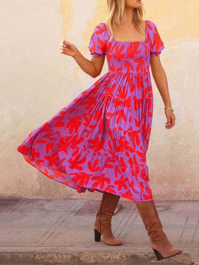 Anya - Puff Sleeve Square Neck Printed Midi Dress