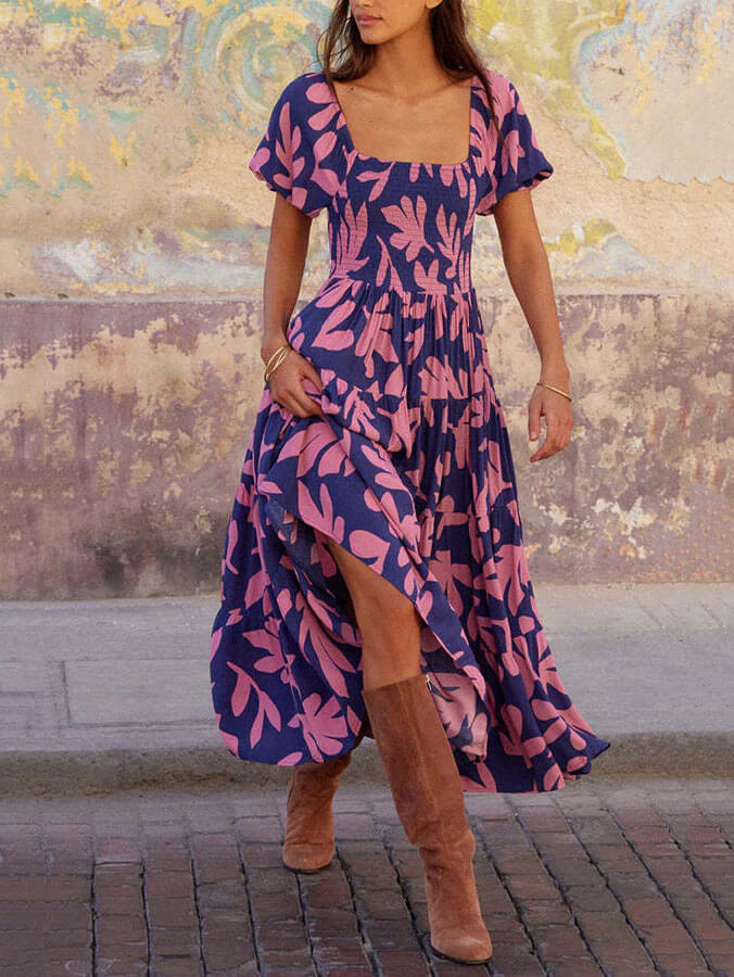 Anya - Puff Sleeve Square Neck Printed Midi Dress