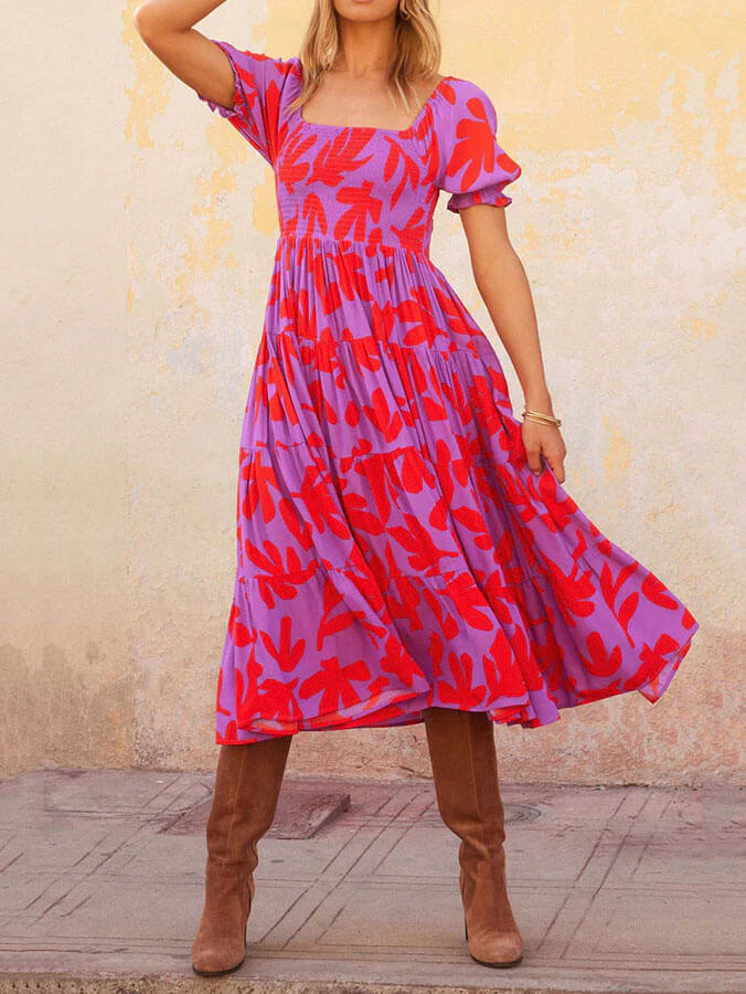 Anya - Puff Sleeve Square Neck Printed Midi Dress