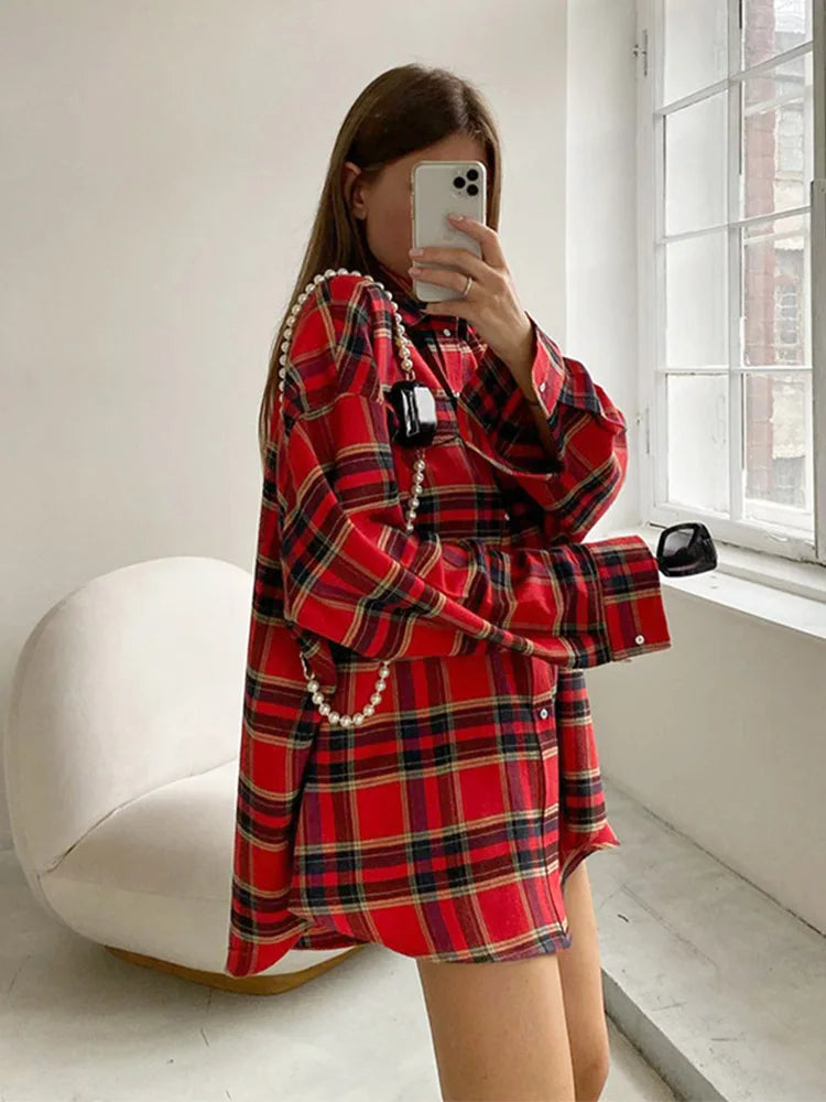 Bright Gingham Shirts For Women Street Style Casual Shacket Blouses And Tops Single-Breasted Autumn 2024