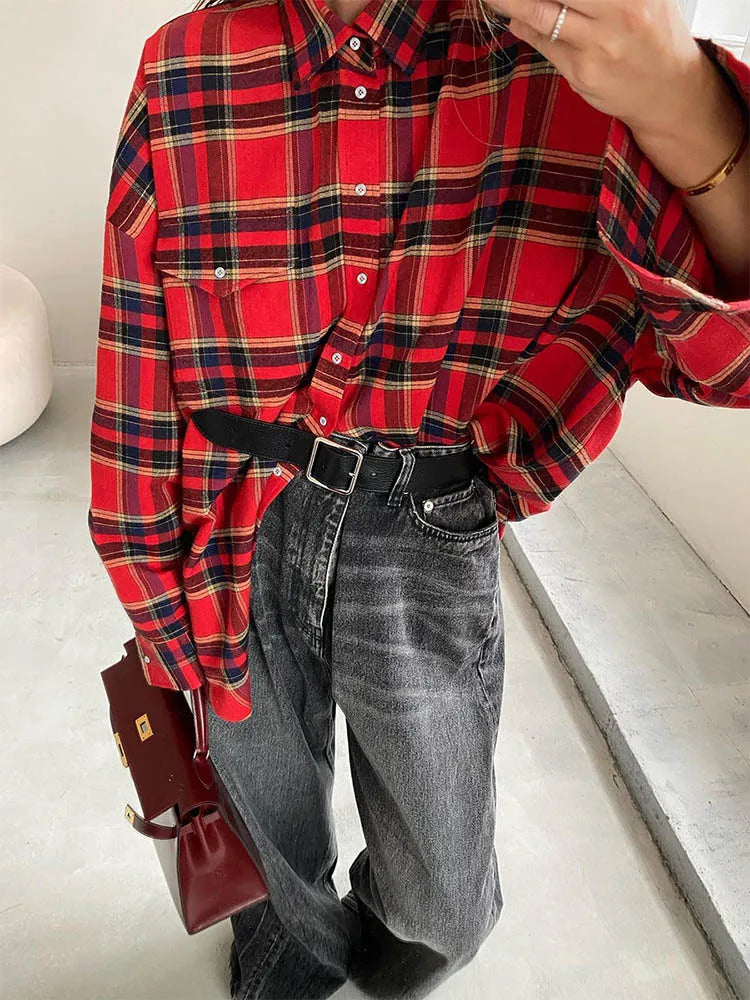 Bright Gingham Shirts For Women Street Style Casual Shacket Blouses And Tops Single-Breasted Autumn 2024