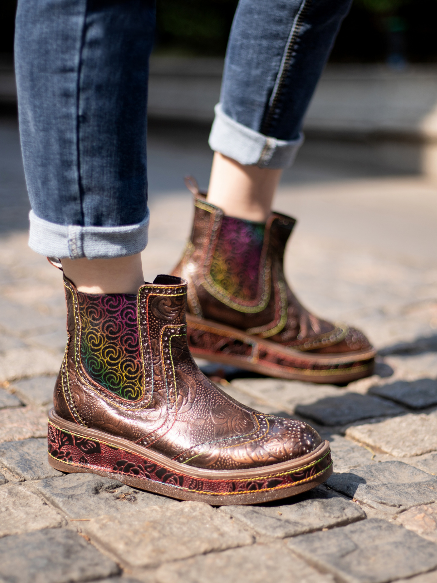 SOFFIA | Genuine Leather Bronze Rose Embossed Flat Chelsea Boots