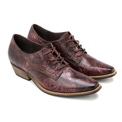 Genuine Leather Block Brogue-Detail Floral Embossed  Oxford Heel Shoes- Soffia