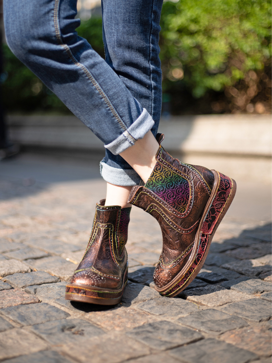 SOFFIA | Genuine Leather Bronze Rose Embossed Flat Chelsea Boots