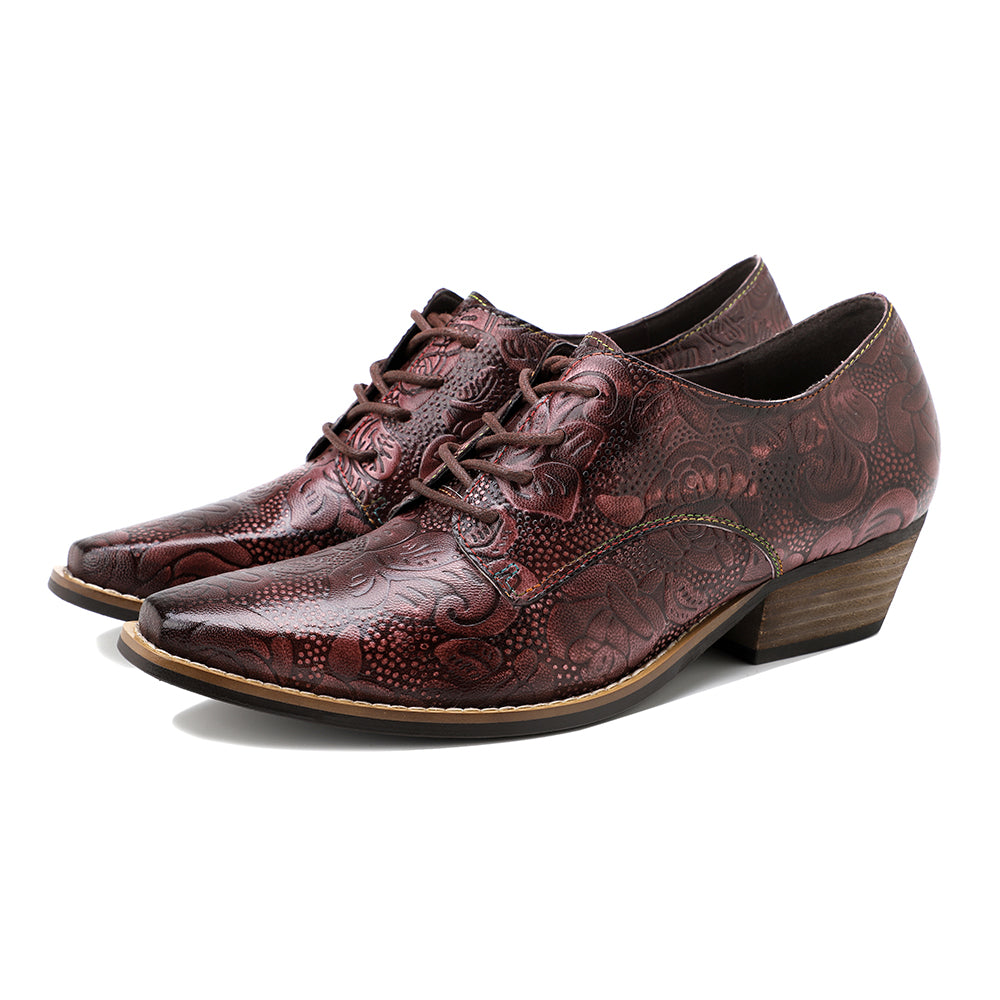 Genuine Leather Block Brogue-Detail Floral Embossed  Oxford Heel Shoes- Soffia