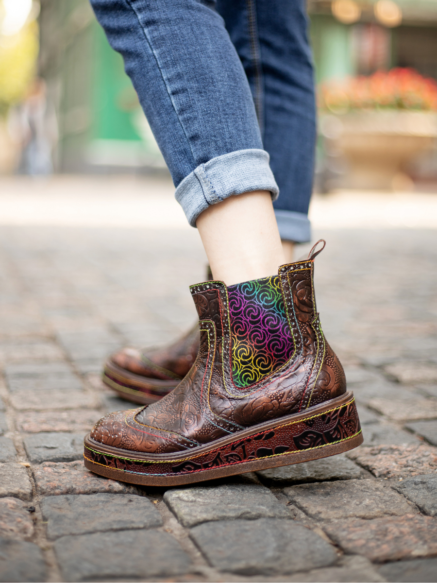 SOFFIA | Genuine Leather Bronze Rose Embossed Flat Chelsea Boots