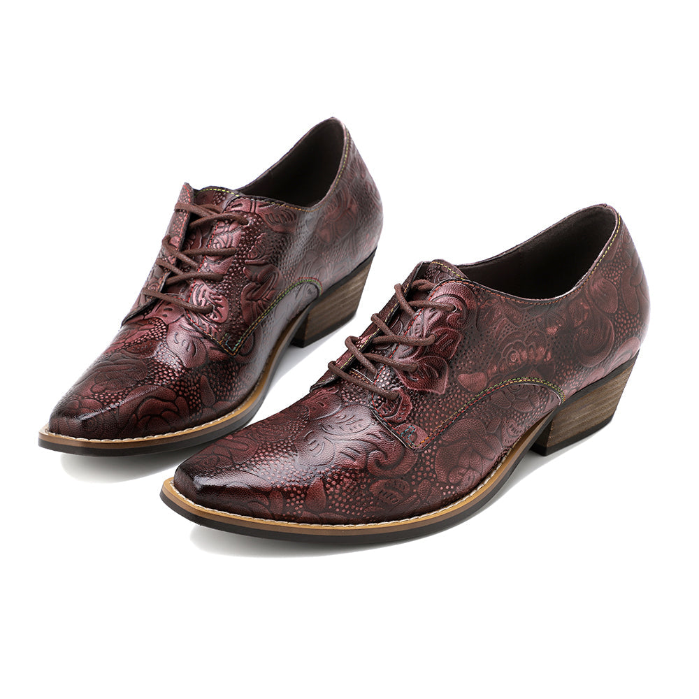 Genuine Leather Block Brogue-Detail Floral Embossed  Oxford Heel Shoes- Soffia