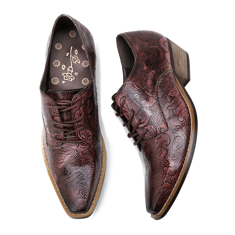 Genuine Leather Block Brogue-Detail Floral Embossed  Oxford Heel Shoes- Soffia