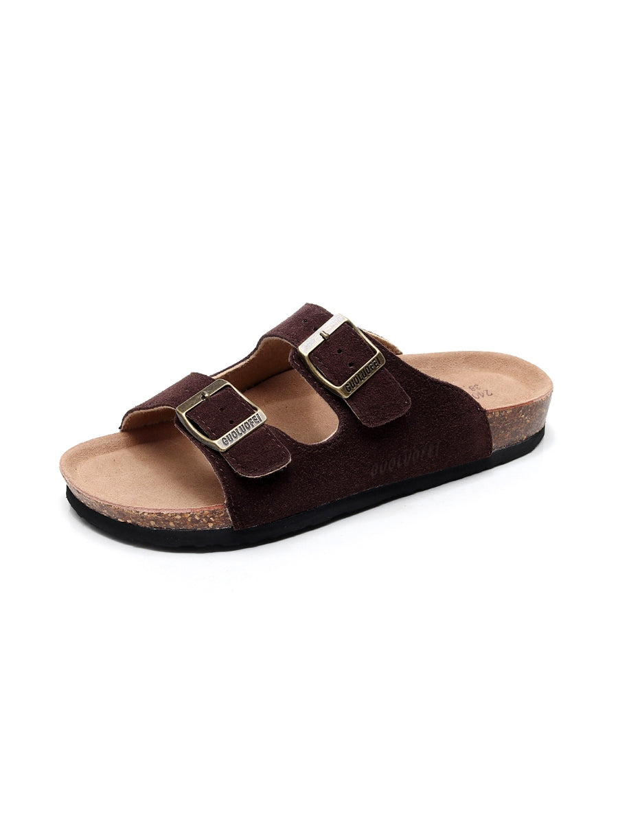 Maibulun | Brown Double-Buckle Wide-Strap Suede Leather Sandals