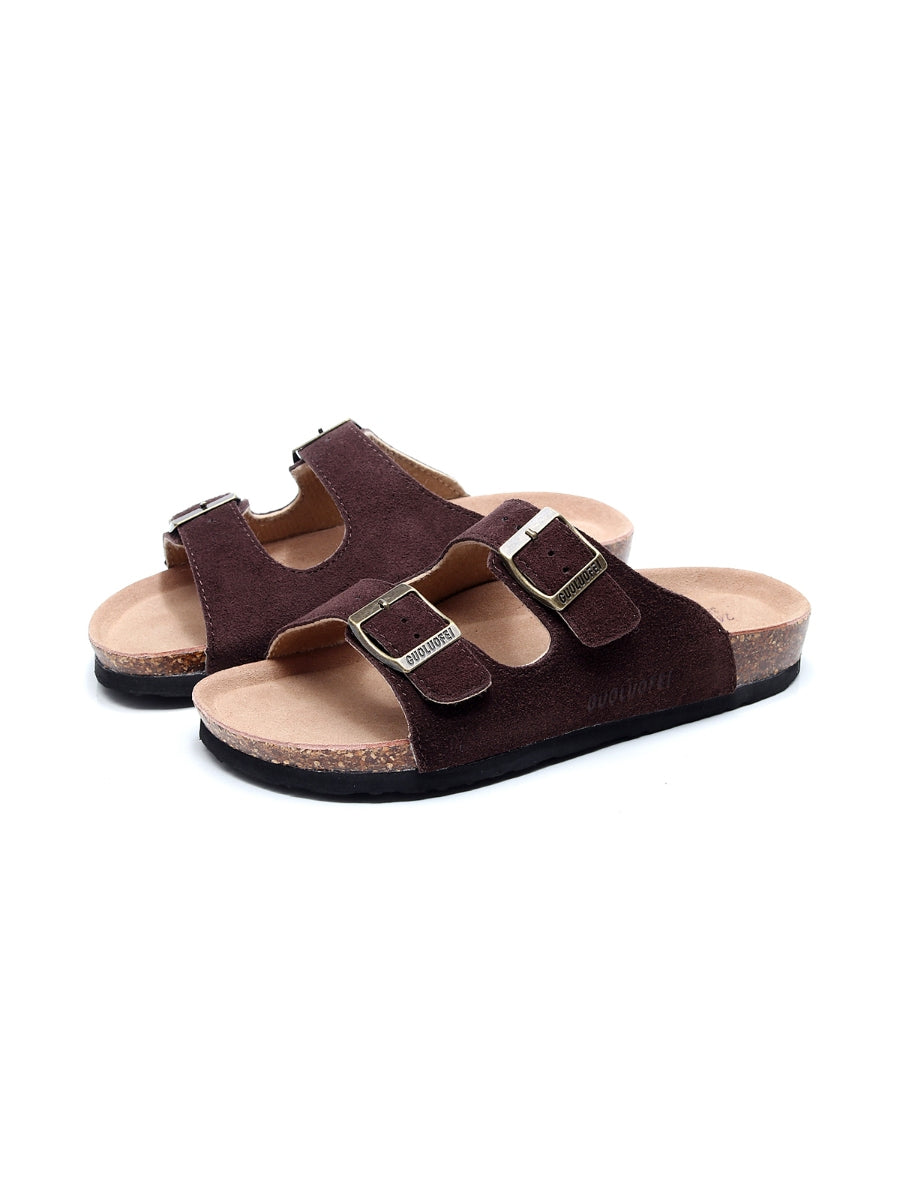 Maibulun | Brown Double-Buckle Wide-Strap Suede Leather Sandals