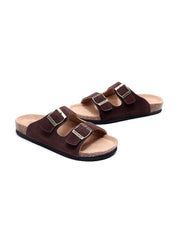 Maibulun | Brown Double-Buckle Wide-Strap Suede Leather Sandals