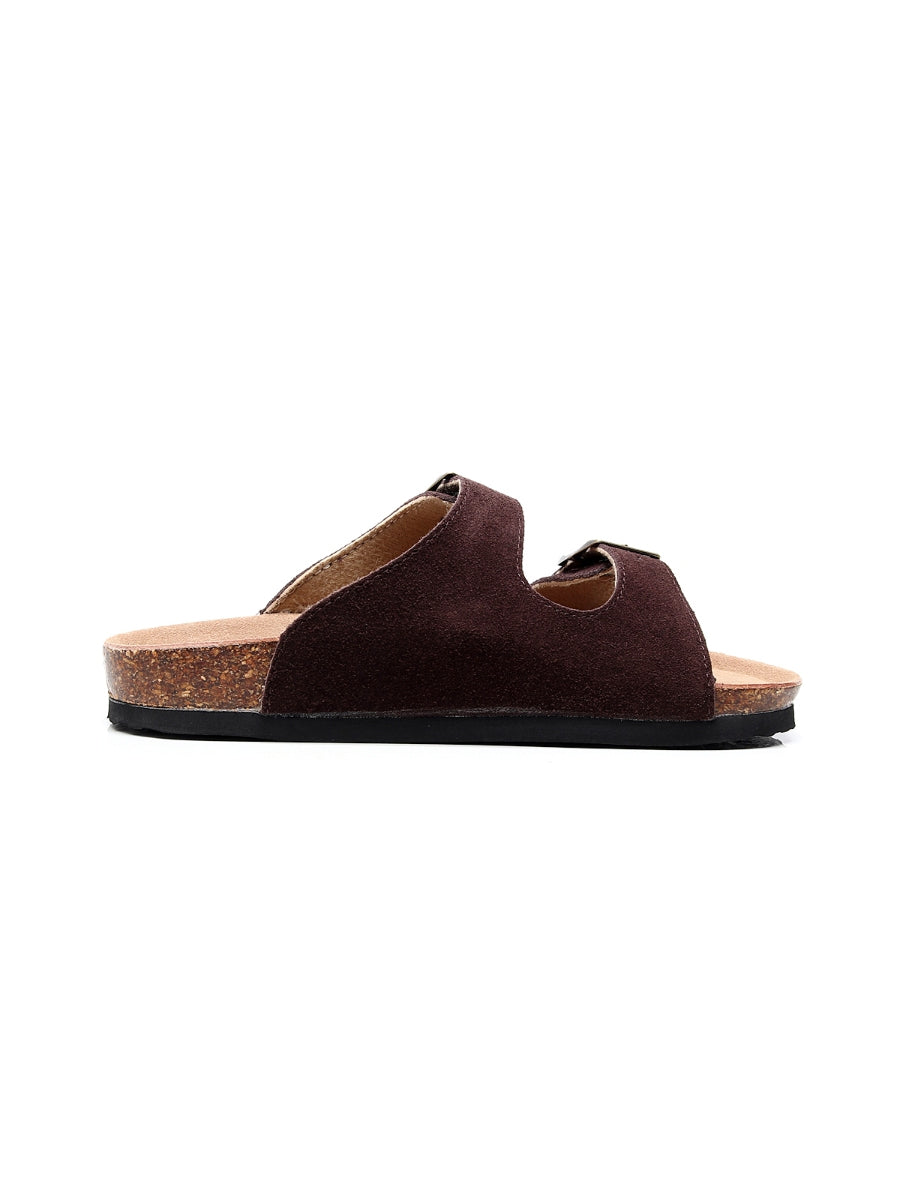 Maibulun | Brown Double-Buckle Wide-Strap Suede Leather Sandals