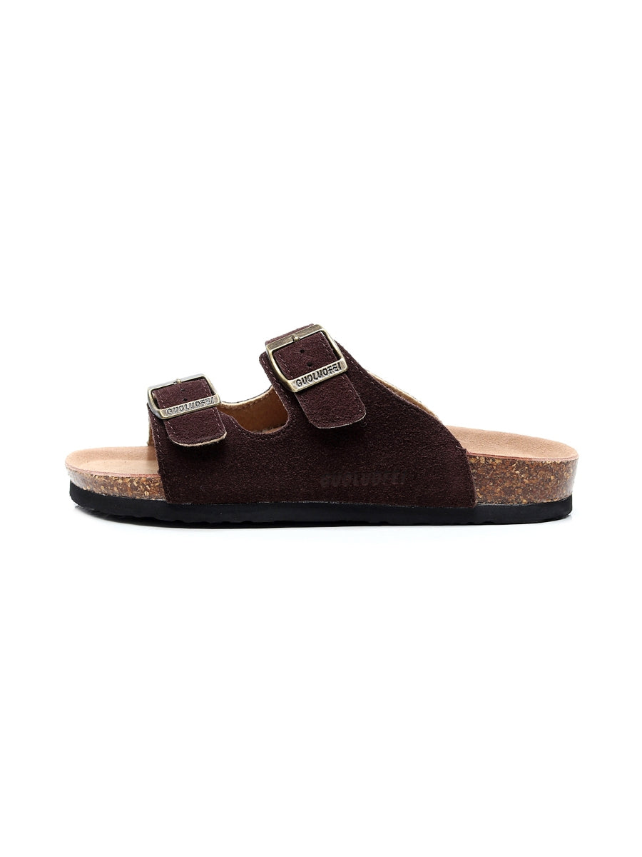 Maibulun | Brown Double-Buckle Wide-Strap Suede Leather Sandals