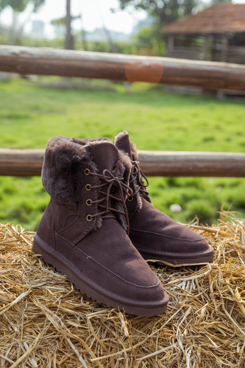 SMAIBULUN Ugg | WOOL LINED SUEDE TIE UP BOOTS - CHOCOLATE