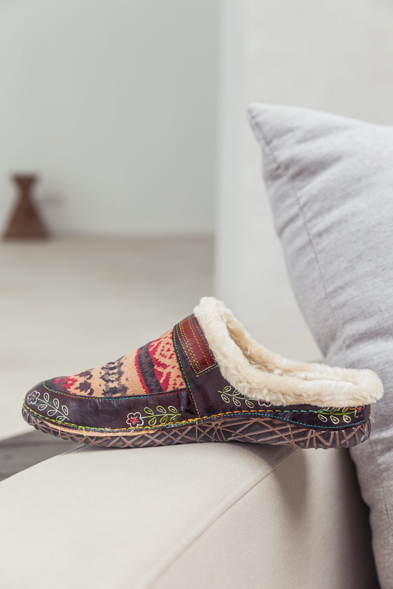 SOFFIA | Genuine Leather Geometry Printed Wool Lined Slippers Clogs - Brown