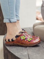 SOFFIA | Tiger Printed Wool Lined Applique Leather Slipper - Brown