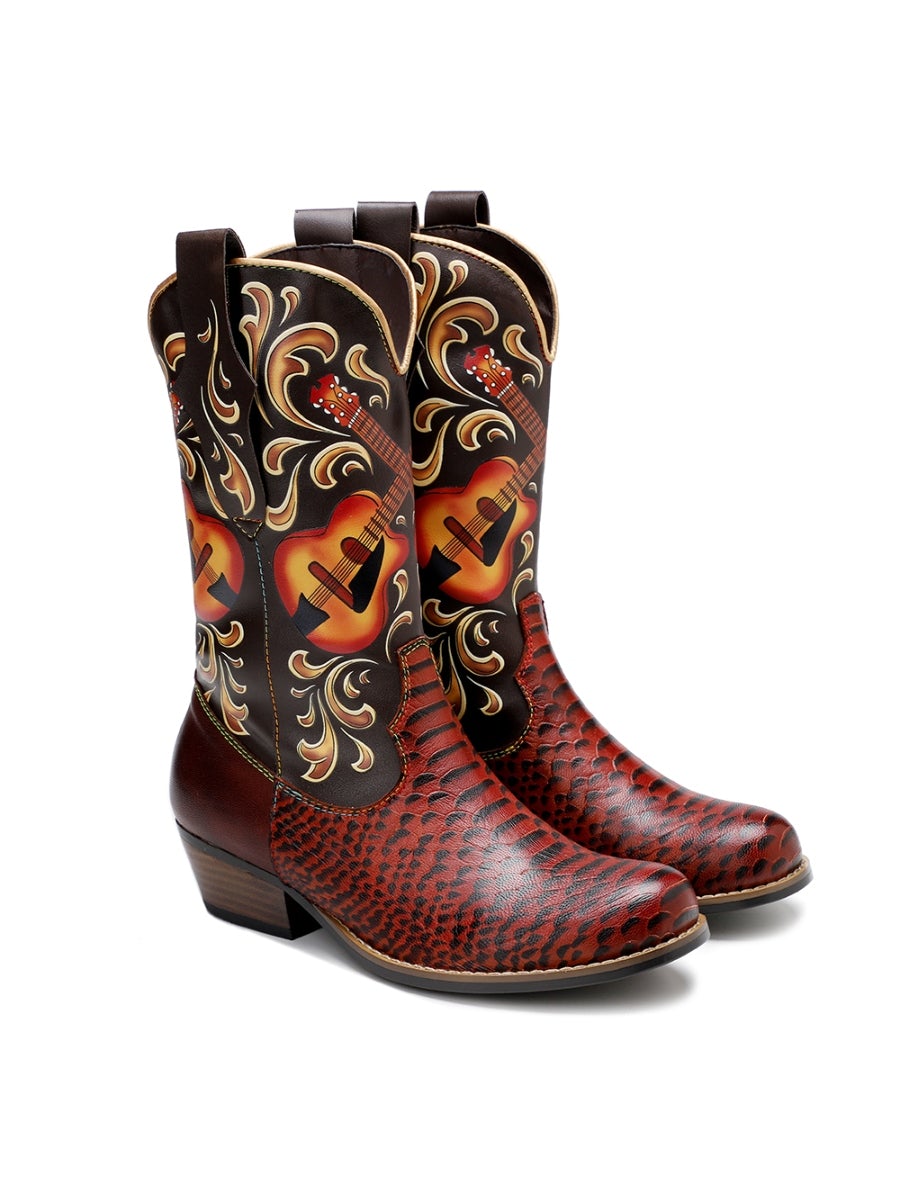 SOFFIA |Genuine Leather Brown Rock & Roll Guitar Mid-Calf Western Boots