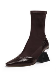 JADY ROSE | BLOCK HEEL CROC PATTERN LEATHER SOCK BOOT - BROWN