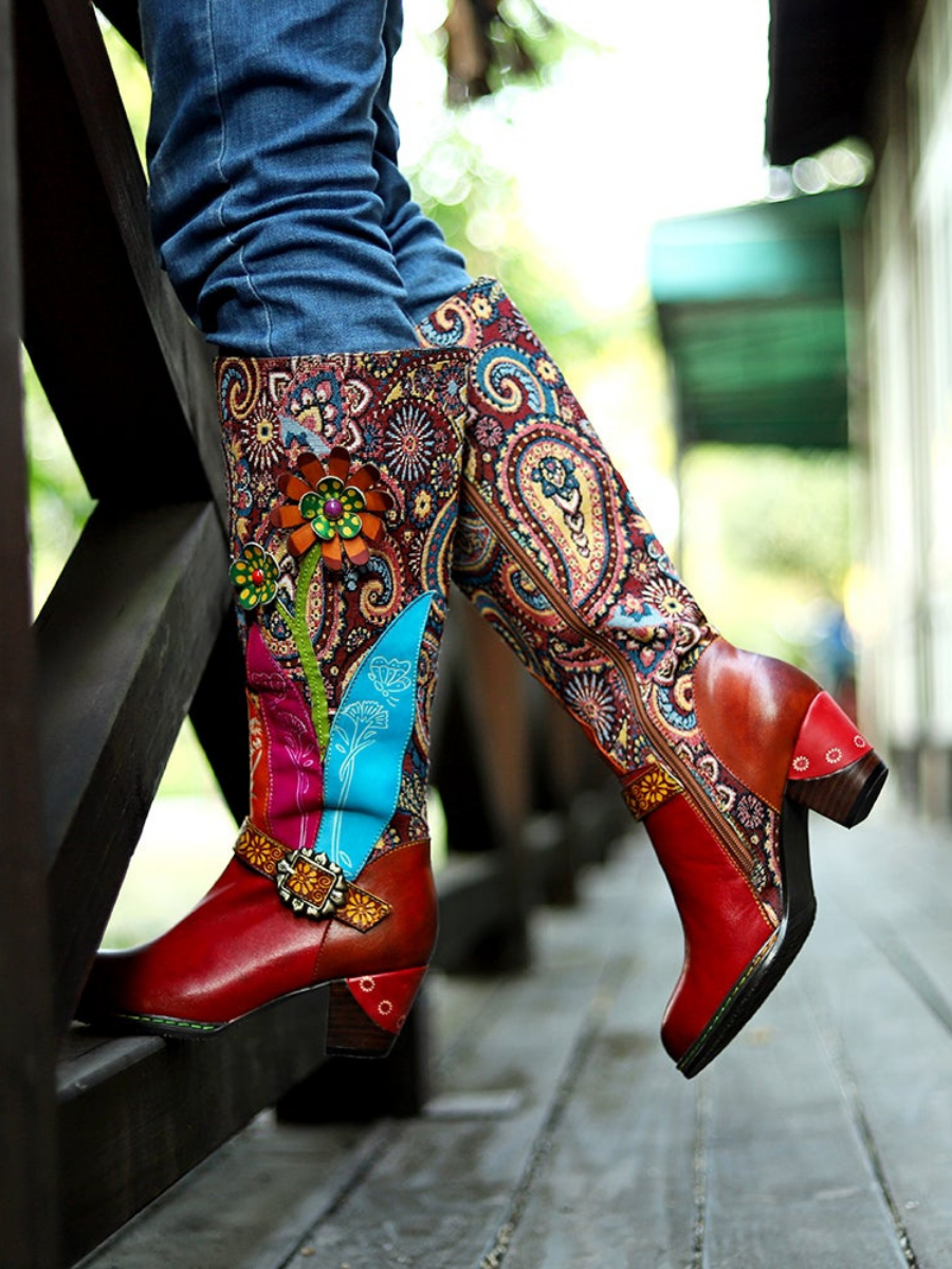 SOFFIA | Ethnic Floral Pattern Knee-high Block Heel Boots