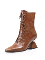 JADY ROSE | CRYSTAL HEEL CROC EMBOSSED LEATHER BOOTIE - BROWN