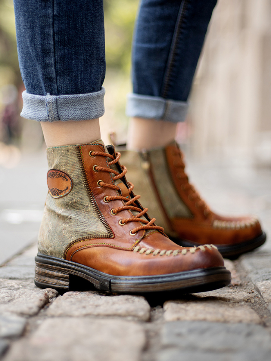 SOFFIA | Zip Trim Stitch Detailed Head Leather Combat Boots