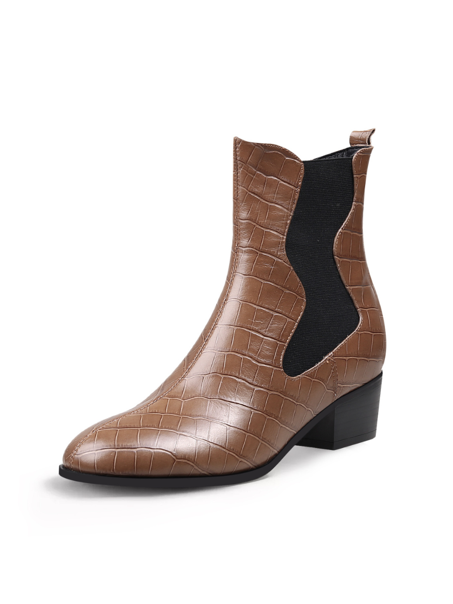 JADY ROSE | BLOCK HEEL CROC PATTERN LEATHER CHELSEA BOOTIE - BROWN