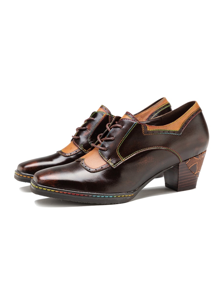 SOFFIA | Genuine Leather Blossom Embossed Back Heel Oxford Shoes