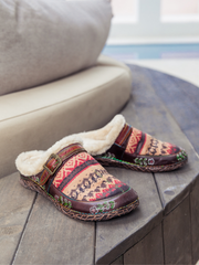 SOFFIA | Genuine Leather Geometry Printed Wool Lined Slippers Clogs - Brown