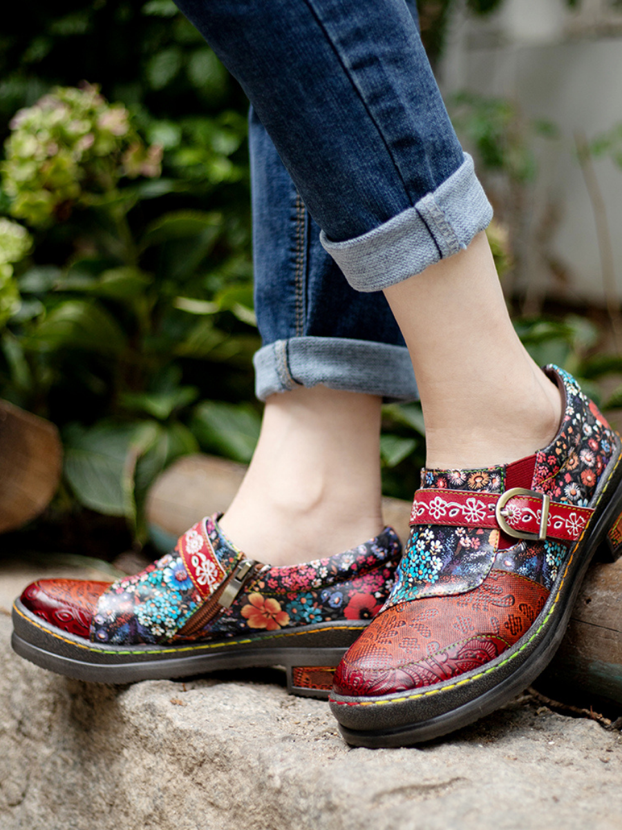 SOFFIA | Floral Printed Boho Genuine Leather Sneakers Oxford Shoes