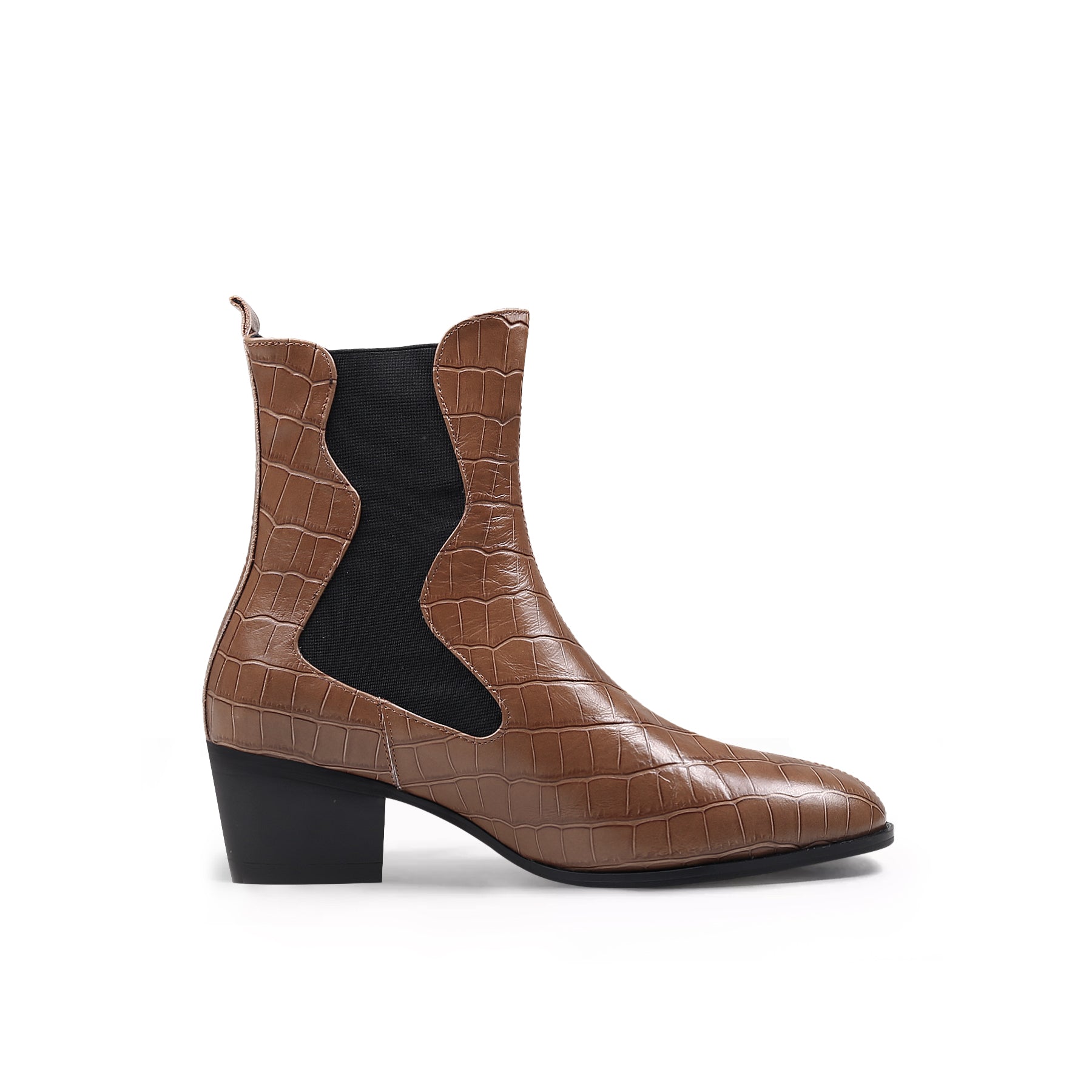 JADY ROSE | BLOCK HEEL CROC PATTERN LEATHER CHELSEA BOOTIE - BROWN