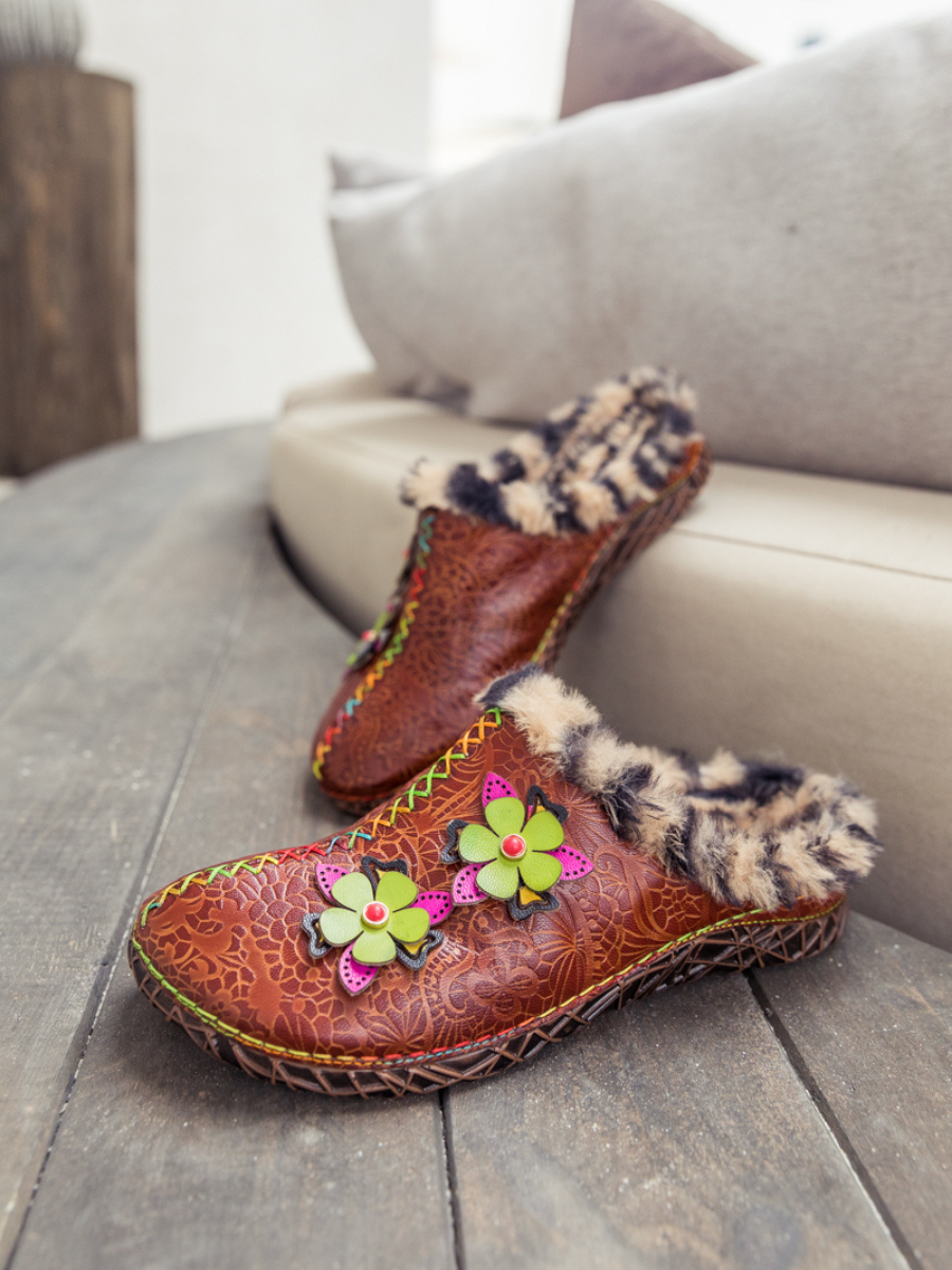 SOFFIA | Tiger Printed Wool Lined Applique Leather Slipper - Brown