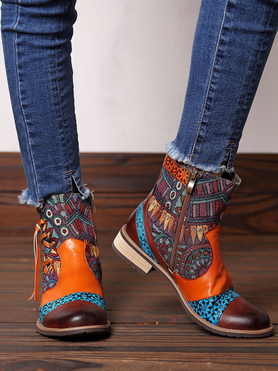 SOFFIA | Aboriginal Art Tassel Leather Ankle Boots