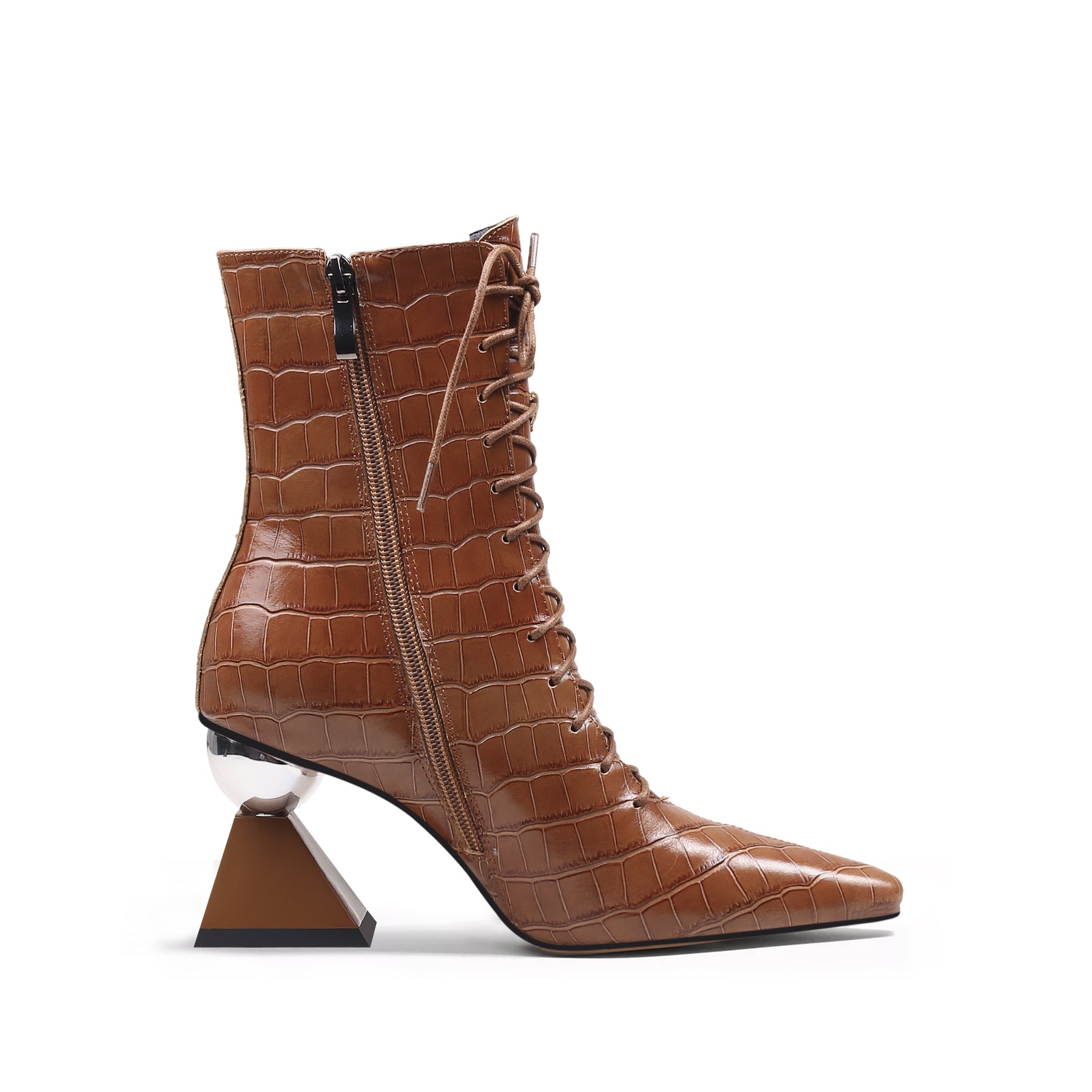 JADY ROSE | CRYSTAL HEEL CROC EMBOSSED LEATHER BOOTIE - BROWN