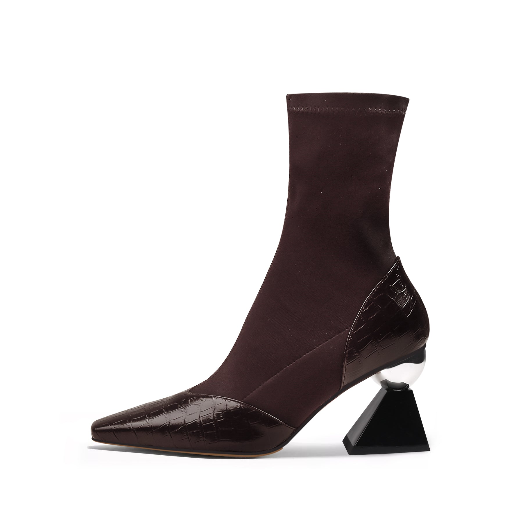 JADY ROSE | BLOCK HEEL CROC PATTERN LEATHER SOCK BOOT - BROWN