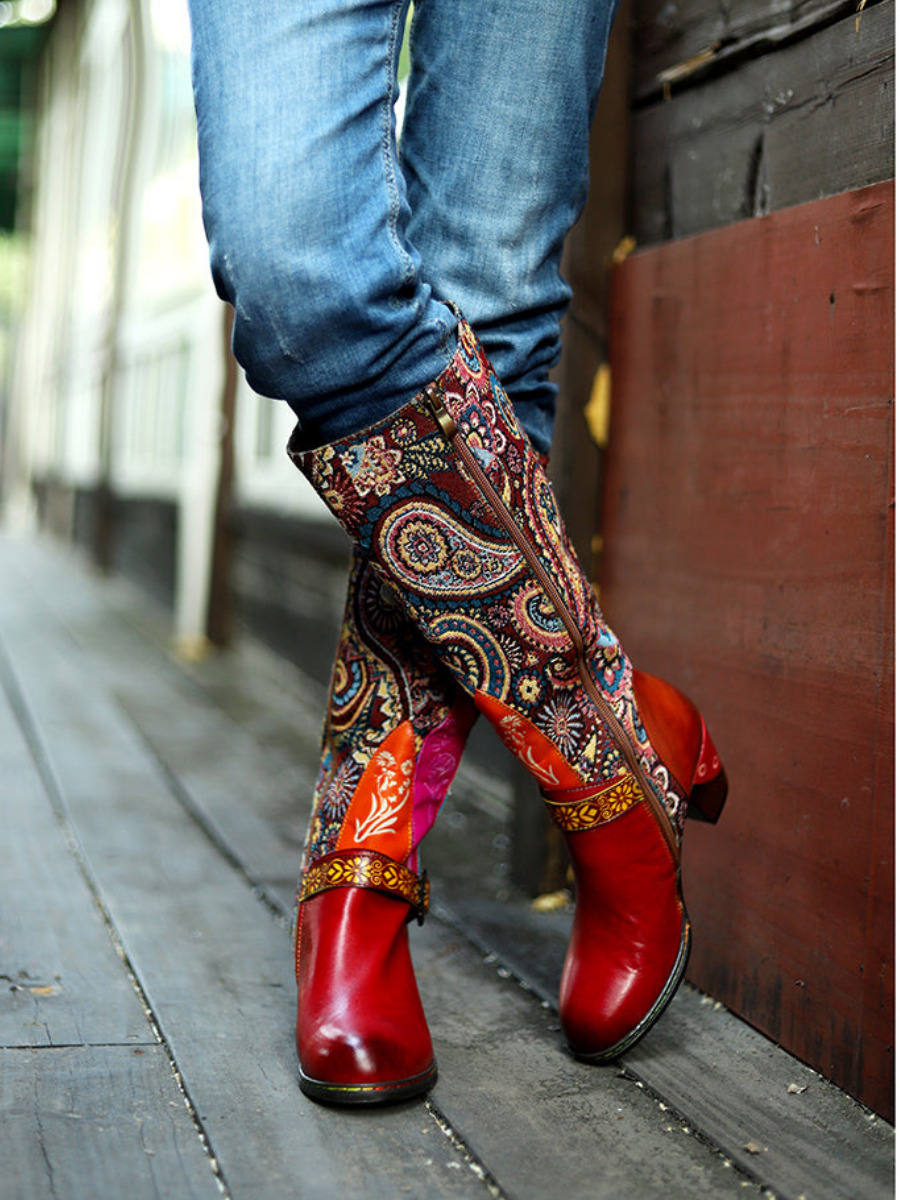 SOFFIA | Ethnic Floral Pattern Knee-high Block Heel Boots