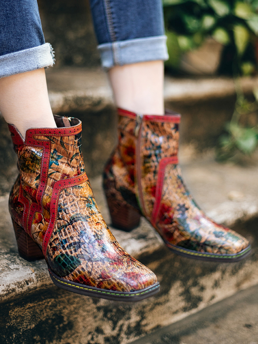 SOFFIA | Terracotta Warriors Vintage Genuine Leather Mid Heel Ankle Boots